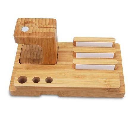 Apple olha a estação de carregamento de madeira do suporte, o suporte de bambu da mesa do suporte para o iwatch do iPhone & o iPad